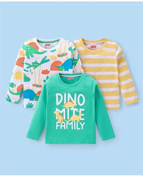 Babyhug Cotton Knit Full Sleeves T-Shirt with Dino & Text Print Pack of 3 - White Yellow & Green