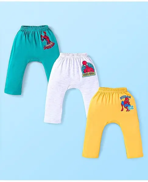 Babyhug Marvel Interlock Knit Full Length Diaper Leggings with Spiderman Print Pack of 3 - Green White & Yellow