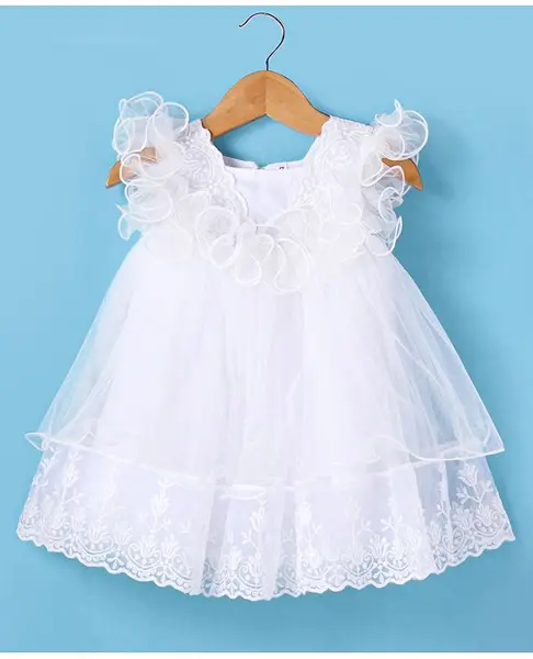 Babyhug Woven Sleeveless Fit & Flared Party Frock with Floral Embroidery & Ruffle Detailing -  White