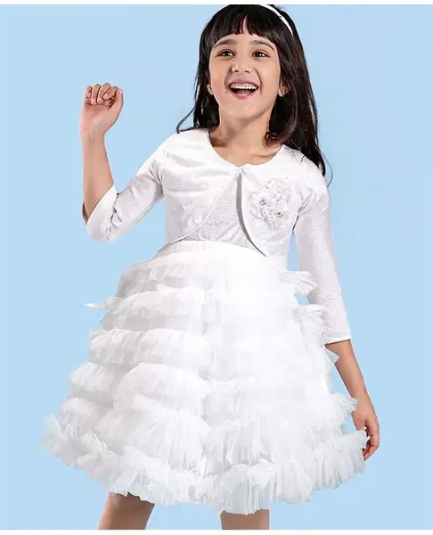 Babyhug Woven Three Fourth Sleeves Shimmered Shrug with Fit & Flared Ruffle & Frill Party Dress Floral Applique - White
