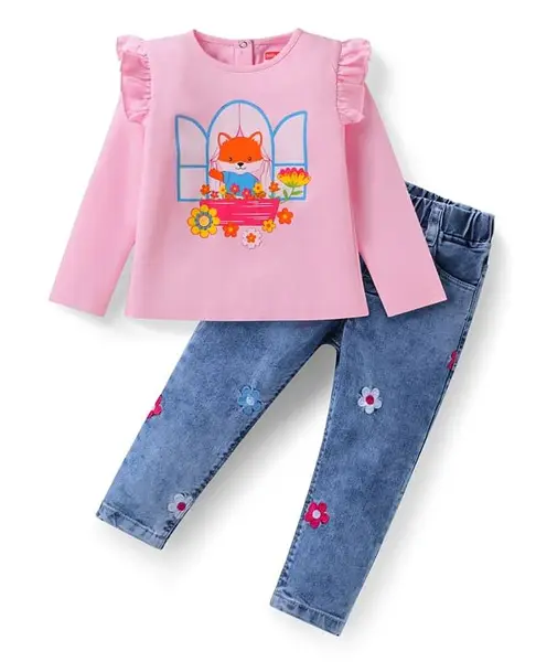 Babyhug Single Jersey Knit Full Sleeves Fox Printed Top & Floral Embroidered Denim Jeans Set - Pink & Blue