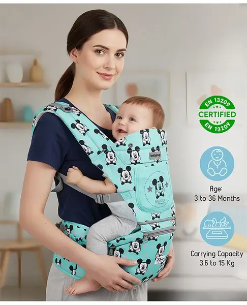Babyhug Disney Mickey Mouse 9-in-1 Ergonomic Baby Carrier with Hip Seat: Breathable fabric  Detachable hood  Padded straps  Pocket storage  and 9 carrying positions for babies up to 15 k