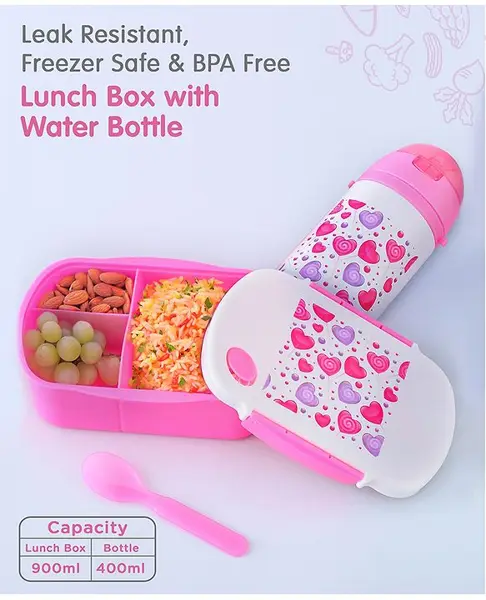 Lunch Box Set with Water Bottle Hearts Print