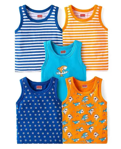Babyhug 100% Cotton Knit Sleeveless Antibacterial Sando Striped Star & Shark Print Pack of 5 - Navy Orange & White