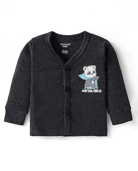 CUCUMBER Cotton Knit Full Sleeves Thermal Front Open Vest with Animal Print - Charcoal Grey