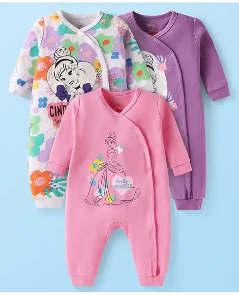 Babyhug Disney Interlock Knit Full Sleeves Front Open  Disney Princess Printed Rompers Pack of 3 - White Purple & Pink