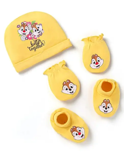 Babyhug Disney Interlock Knit Cap Mittens & Booties With Chip n Dale Graphics Yellow - Diameter 11 cm