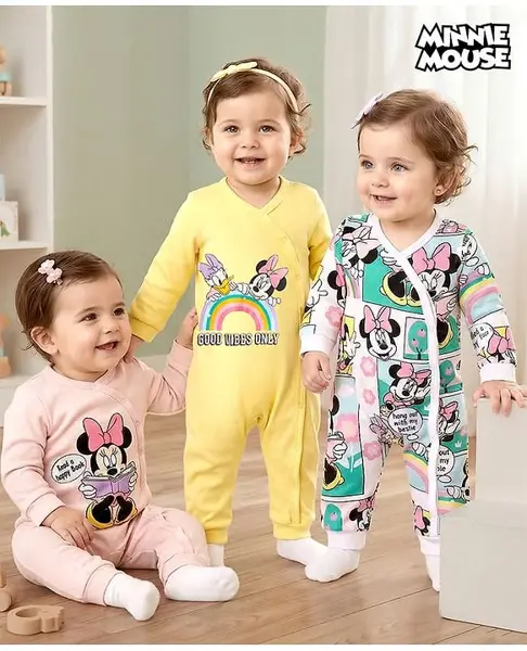 Babyhug Disney Interlock Knit Full Sleeves Front Open  Minnie Mouse Printed Rompers Pack of 3 - White Pink & Yellow