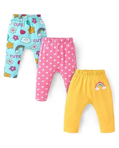 Babyhug Interlock Full Length Diaper Leggings With Floral & Polka Dots Print Pack Of 3 - Blue Pink & Yellow