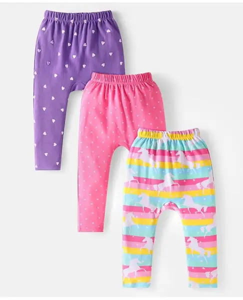 Babyhug Interlock Knit Full Length Unicorn Heart & Polka Dots Printed Diaper Leggings Pack of 3 - Pink Purple & Blue