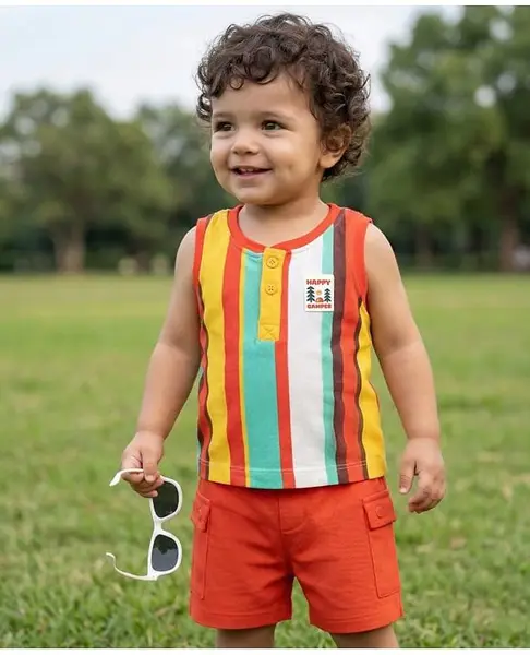 Babyoye 100% Cotton Knit Sleeveless Striped Tank T-Shirts & Shorts Set with Patch Detailing - Red