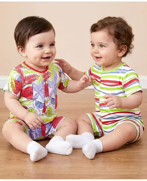 Babyoye 100% Cotton Knit Half Sleeves Eco Jiva Finish Rompers with Tropical Theme Print & Stripes Pack of 2 - Multicolor