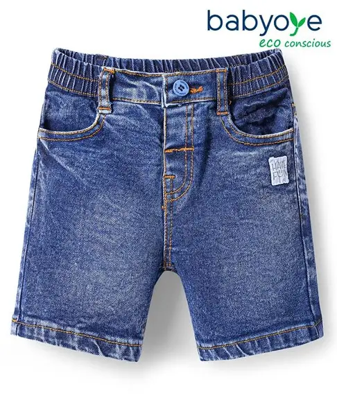 Babyoye Eco Conscious Cotton Elastane Shorts with Text Patch Detailing - Blue