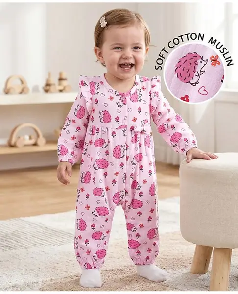 Babyoye Cotton Woven Full Sleeves Porcupine Printed Romper with Frill Detailing - Pink