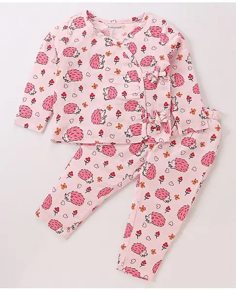 Babyoye Cotton Woven Full Sleeves Night Suit With Text Print - Light Pink