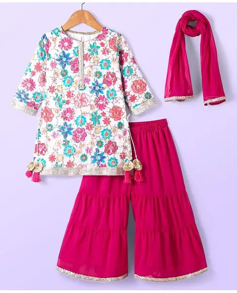 Babyhug Woven Three Fourth  Sleeves Floral Printed Kurta Gharara Set with Dupatta & Lace Detailing - Dark Pink