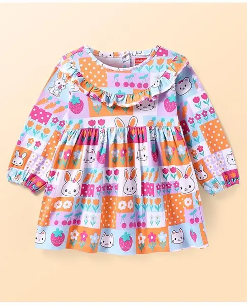 Babyhug Cotton Knit Full Sleeves Frock with Frill Detailaing & Animal  Floral Print - Orange Pink