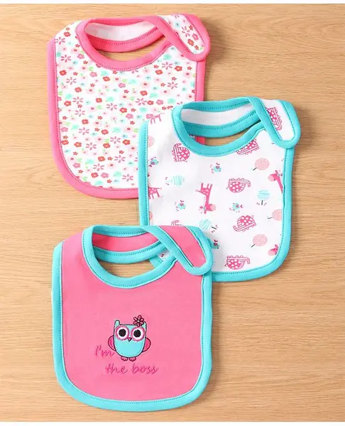 Babyhug Interlock Cotton Bibs Owl Print Pack of 3 -Pink