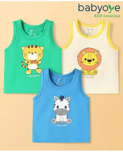 Babyoye Cotton Elastane Knit Sleeveless Vests With Tiger Lion & Zebra Print Pack Of 3 - Blue White & Green