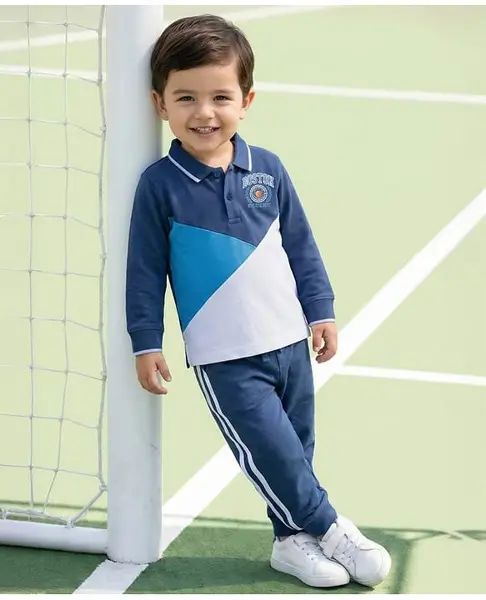 Babyhug Single Jersey Knit Full Sleeves Cut & Sew Embroidered Collared T-Shirt & Jogger with Tape Detailing - Blue &  White