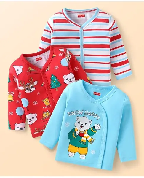 Babyhug 100% Cotton Interlock Knit Full Sleeves Front Open jhablas With Stripes & Animal Print Pack Of 3 - Light Blue Red & White