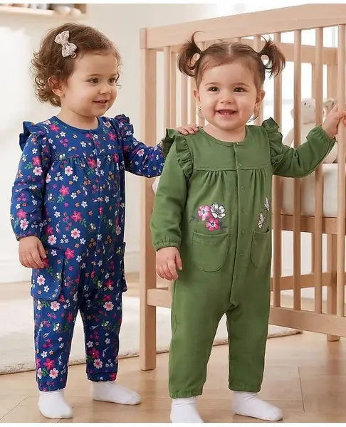Babyoye Eco Conscious 100% Cotton with Eco Jiva Finish  Floral Printed Front Open Romper with Frill Detailing & Pockets Pack of 2 - Navy Blue & Green