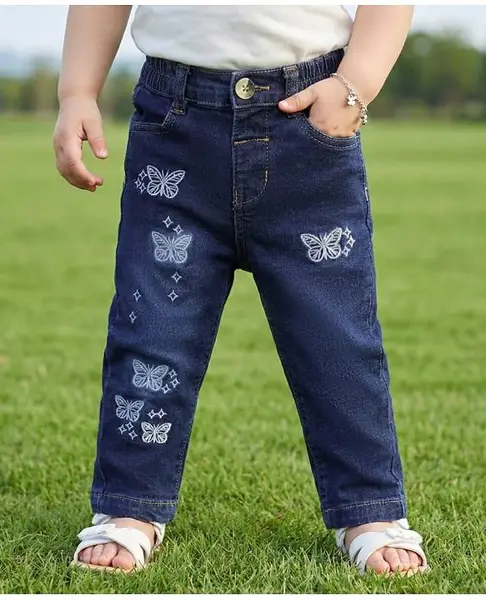 Babyoye Cotton Elastane Denim Woven Washed Jeans with Butterfly Embroidery - Blue