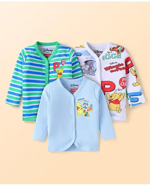 Babyhug Disney Interlock Knit Full Sleeves Front Open Jhablas With Winnie The Pooh Graphics Pack Of 3 - Blue White & Light Blue