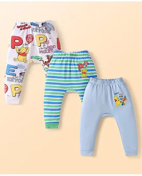 Babyhug Disney Interlock Knit Full Length Diaper Leggings With Winnie The Pooh Graphics Pack Of 3 - Light Blue & Light Green