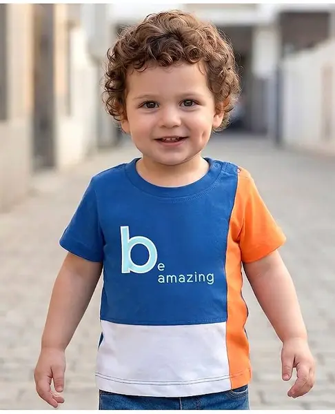 Babyoye Terry Knit Half Sleeves Cut & Sew T-Shirt with Be Amazing Text - Blue