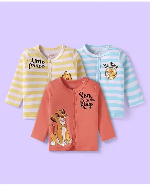 Babyhug Disney Interlock Knit Full Sleeves Jhablas with Lion King Graphics Pack of 3 - Coral Yellow & Light Blue