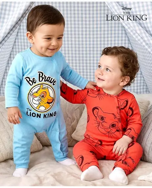 Babyhug Disney Interlock Knit Full Sleeves Rompers with Lion King Graphics Pack of 2 - Red & Light Blue