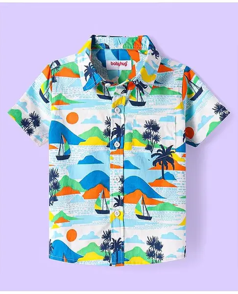 Babyhug Cotton Half Sleeves Shirt with Beach Theme Print- Light Blue & White