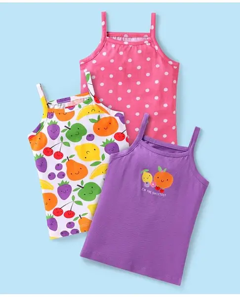 Babyhug 100% Cotton Knit Singlet Sleeves Polka Dots & Fruit Printed Slips Pack of 3 - Purple White & Pink