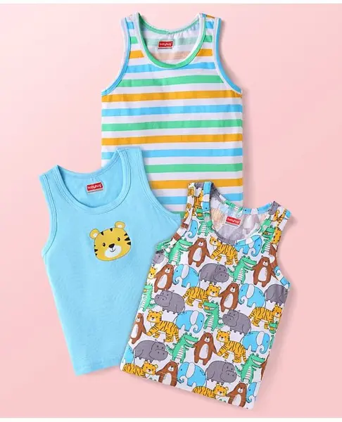 Babyhug Single Jersey Knit Sleeveless Sando Vests with Animal Print & Stripes Pack of 3 - Light Blue & White