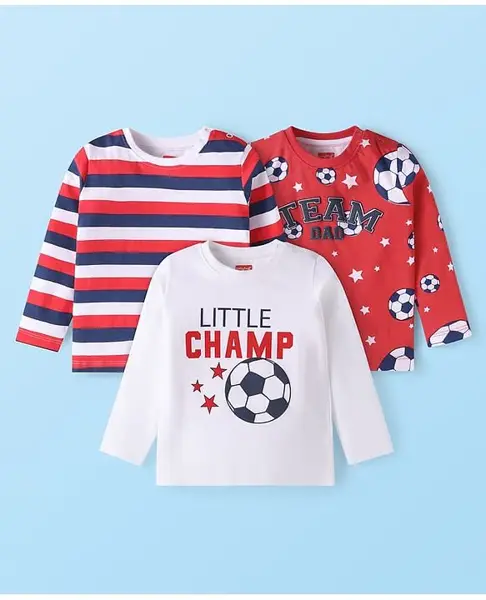 Babyhug Cotton Knit Full Sleeves T-Shirts with Text Print & Stripes Pack of 3 - Red & White