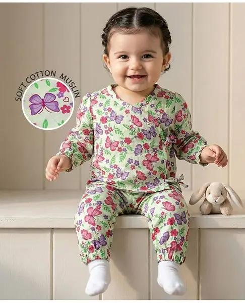 Babyoye 100% Organic Muslin Woven Full Sleeves Night Suit with Floral & Butterfly Print - Light Green