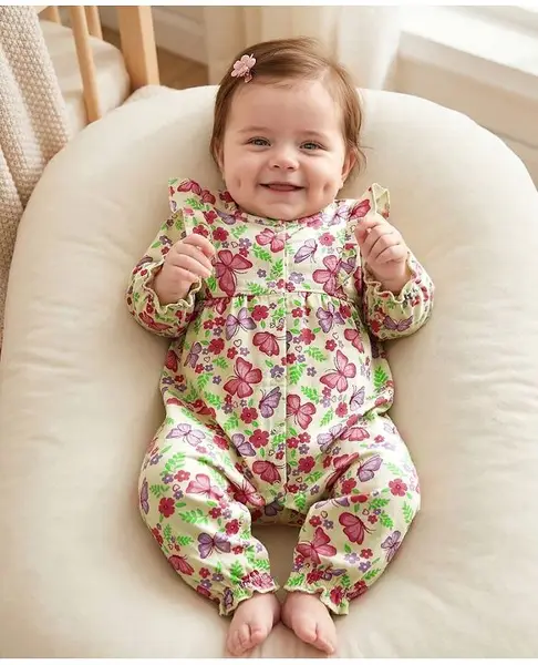 Babyoye Eco Conscious 100% Organic Muslin Woven Full Sleeves Romper with Butterfly & Floral Print - Light Green