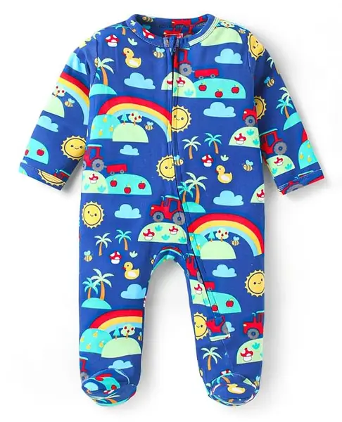 Babyhug Cotton Knit Full Sleeves Footed Sleep Suit With Animals & Vehicle Print - Navy Blue