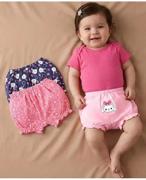 Babyoye Cotton Elastane Knit Bloomers With Bunny Print Pack Of 3 - Pink