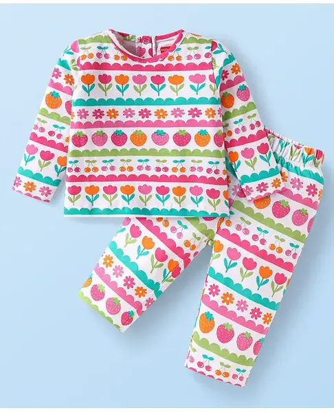 Babyhug Cotton Knit Full Sleeves Night Suit With Floral & Fruit Print - White