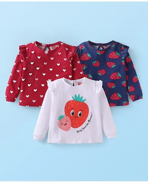 Babyhug Cotton Knit Full Sleeves T-Shirts With Fruit & Heart Print Pack of 3 - Navy Blue White & Red