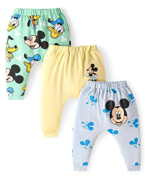 Babyhug Disney Interlock Knit Full Length Diaper Leggings with Mickey Mouse Graphics Pack of 3 - Green Light Yellow & Light Blue