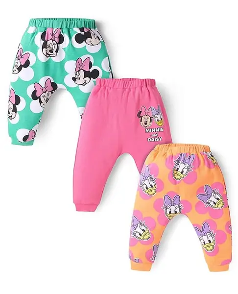 Babyhug Disney Interlock Knit Full Length Diaper Legging with Minnie Mouse Graphics Pack of 3 - Pink Green & Orange