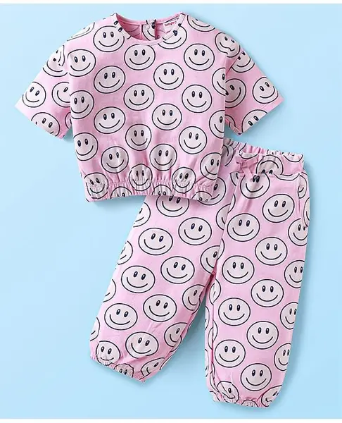 Babyhug Terry Knit Half Sleeves T-Shirt & Lounge Pants Set with Smiley Prints - Pink