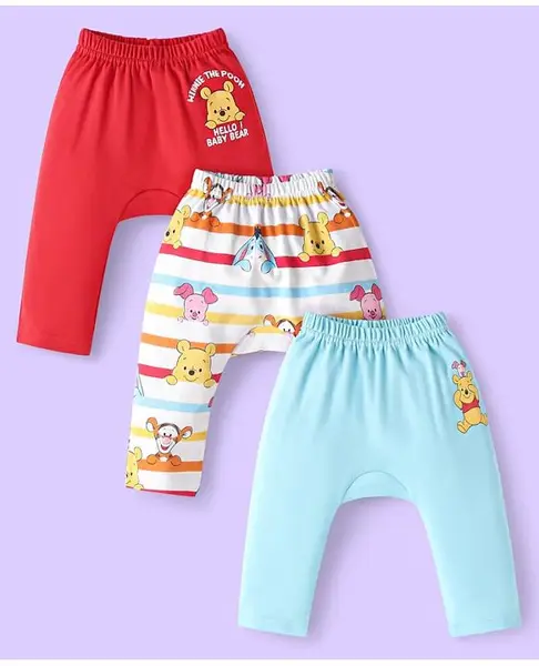 Babyhug Disney Interlock Knit Full Length Diaper Leggings with Winnie & Friends Graphic Pack of 3 - Light Blue White & Red