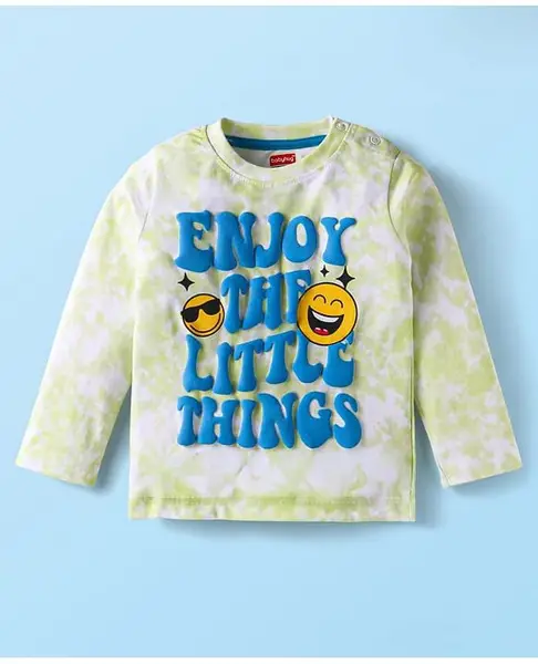 Babyhug Cotton Knit Full Sleeves T-Shirt With Puff Text Print - White & Green