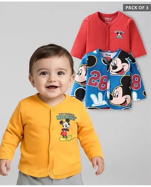 Babyhug Disney Interlock Knit Full Sleeves Jhablas with Mickey Mouse Graphic Pack of 3 - Red Yellow & Blue