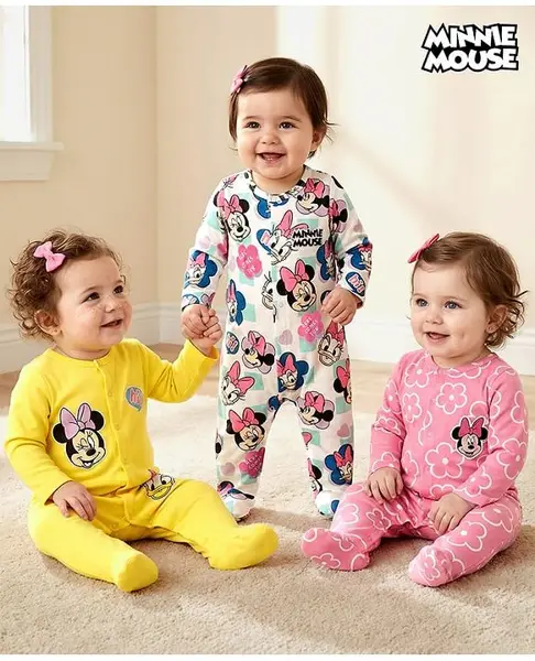 Babyhug Disney Interlock Knit Full Sleeves Footed Sleep Suits with Minnie Mouse Graphics Pack of 3 - White Yellow & Pink