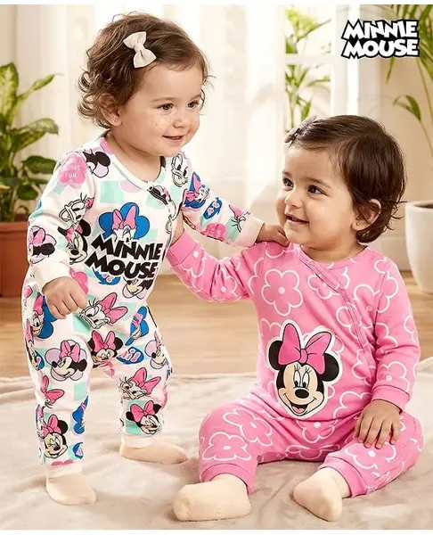 Babyhug Disney Interlock Knit Full Sleeves Rompers With Minnie Mouse Graphics Pack of 2 - Pink & White